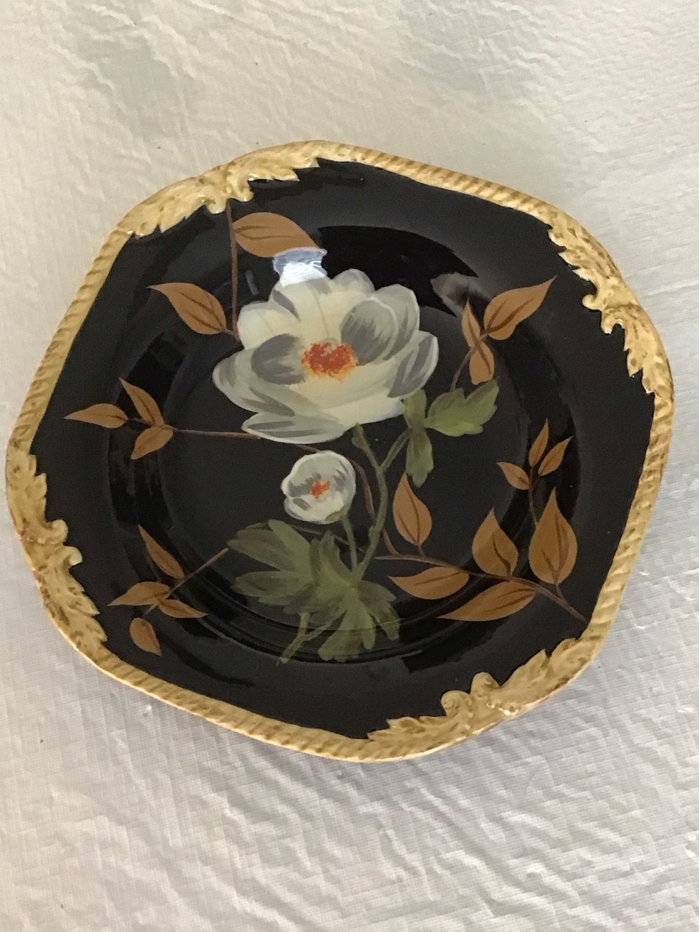 Decorative Black Floral Porcelain Plate with Gold Trim. #96